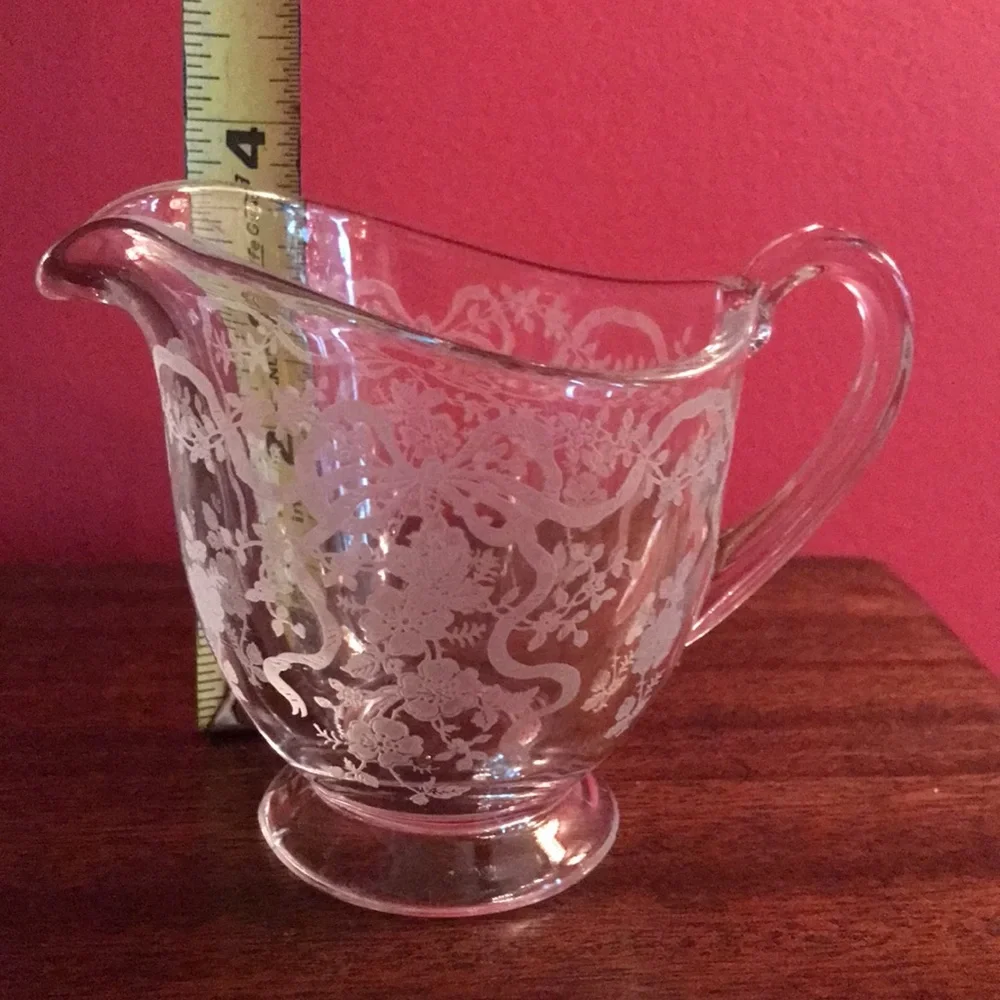 Antique Vintage Etched Roses & Ribbons Bows Sugar Bowl & Creamer Glass Set